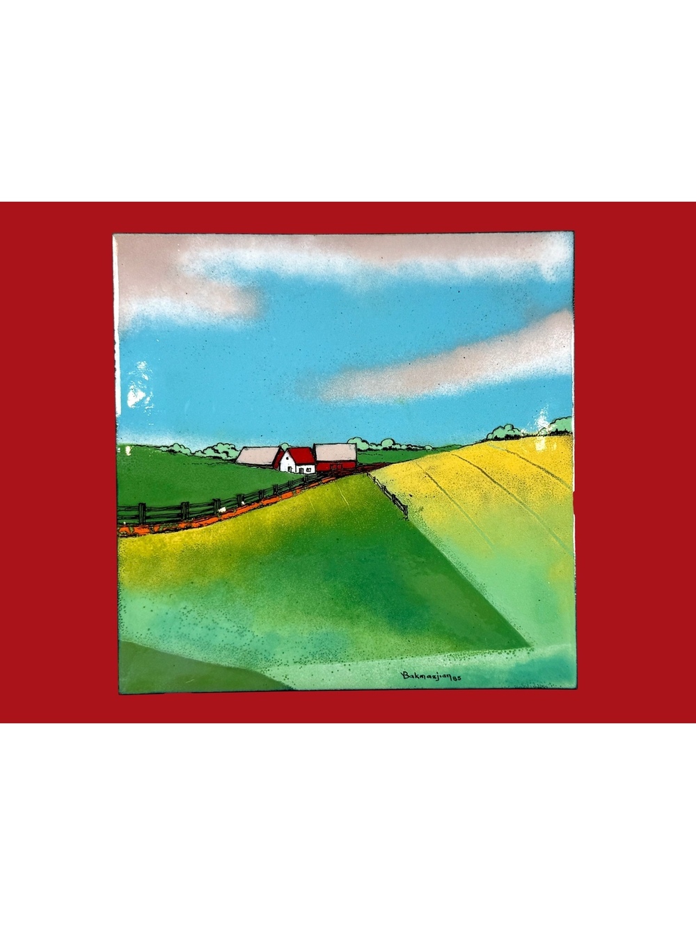Vintage Enamel on Copper Farm Landscape Panel 1980's Armenian Cottagecore Art